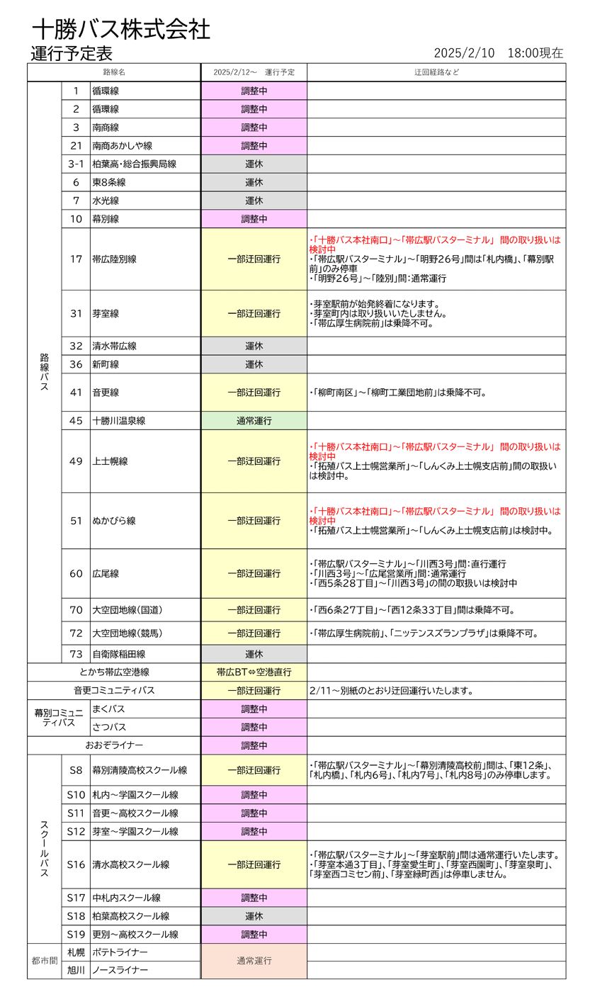 大雪による令和7年2月8日(土)以降のバス運行予定について【令和7年2月7日　17:00更新】