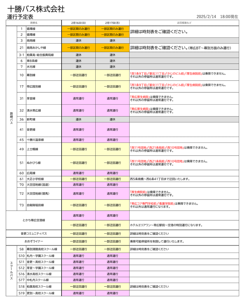 運行予定表